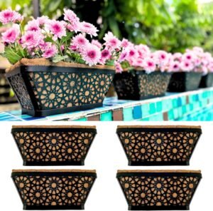 LaLaGreen Window Boxes Planters for Outdoor Plants (4 Pack, 12 Inch) Small and Cute Black Metal Fence Hanging Flower Box Basket with Coco Liner Unique Horse Troughs Balcony Garden Pot Patio Porch Rail