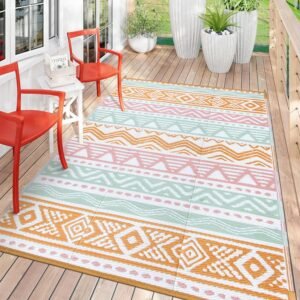 Lahome Outdoor Rug Waterproof, 5x8ft Reversible Outdoor Plastic Straw Rug for Camping Patio, RV Outdoor Rugs Outside, Indoor Outdoor Carpet for Porch Deck Backyard Balcony Picnic,Pink/Orange