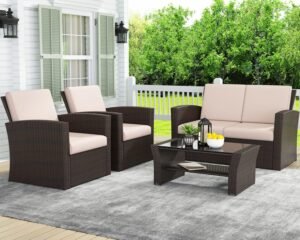 LayinSun 4 Piece Outdoor Patio Furniture Sets, Wicker Conversation Sets, Rattan Sofa Chair with Cushion for Backyard Lawn Garden (Brown)