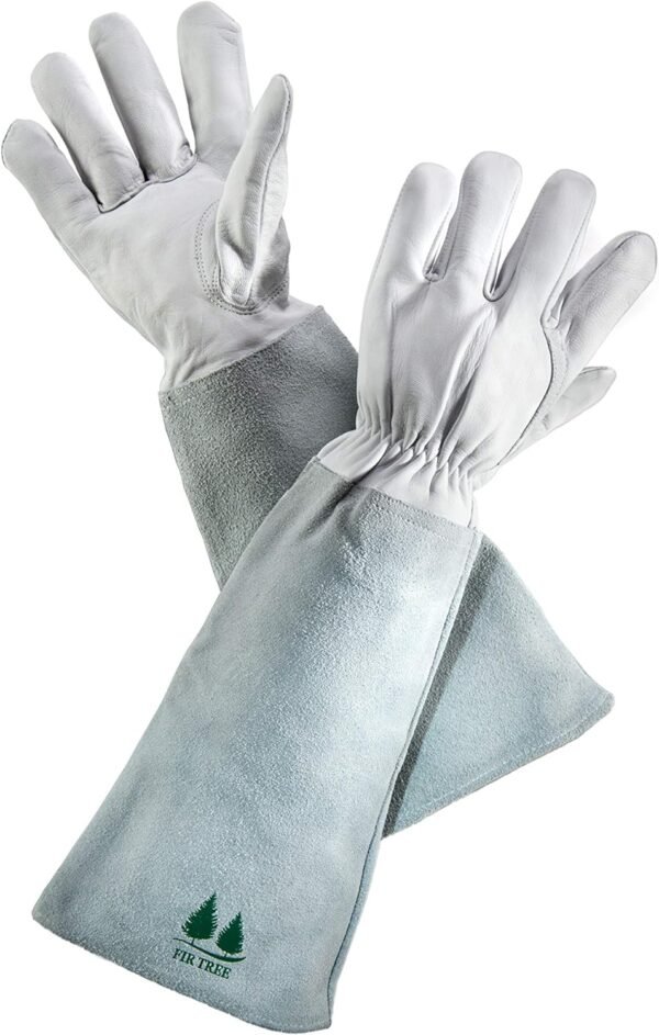 Leather Gardening Gloves By Fir Tree. Premium Goatskin Gloves with cowhide Suede Gauntlet Sleeves. Perfect Rose Garden Gloves. Men's and Women's (See Size Chart Photo) Large, Grey. 1 PACK ONLY.