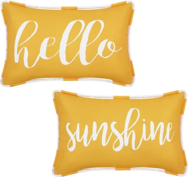 Likiyol Outdoor Pillow Covers 12x20 Inch, Waterproof Yellow Lumbar Throw Pillows for Patio Porch Furniture Couch Sofa Set of 2, Hello Sunshine Decorative Cushion Cover for Spring Summer, Yellow