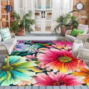 Lux Washable Outdoor Rug Farmhouse Modern Floral Pattern Red Green Area Rug for Patio Deck Porch Balcony Non Slip Romantic Backyard Garden Waterproof Carpet Cute Outside Rugs 5x7