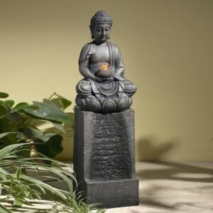 LuxenHome Resin Meditating Buddha on Column Patio Fountain with LED Lights, Zen Water Fountain Decor for Garden Fold Court Backyard Deck, 35 Inch, Gray