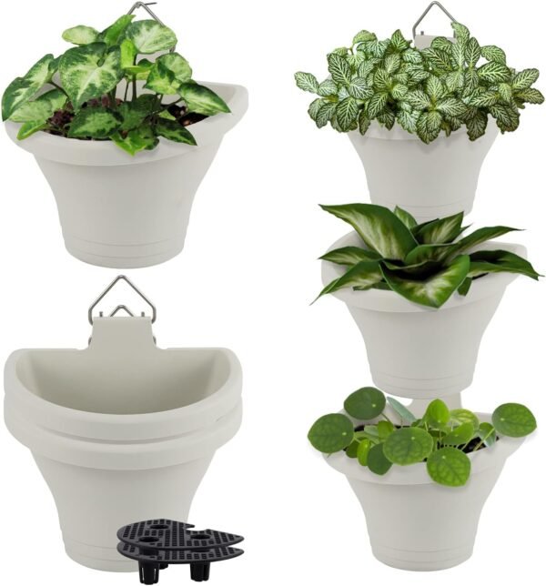 MADHOLLY 6Pcs Hanging Vertical Planter- Plastic Wall-Hanging Flowerpot with Hooks Leaky Grid- Free Combination Wall Mounted Planter for Outdoor Yard Garden Indoor Hanging Decorations (Off-White)