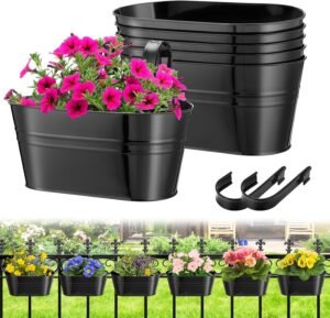 MADHOLLY Railing Planter with Drainage Holes- 6Pcs Sturdy Bucket Pots for Railing Fence, Countryside Style Metal Flower Pots for Herbs Balcony Garden Yard Decor, Black