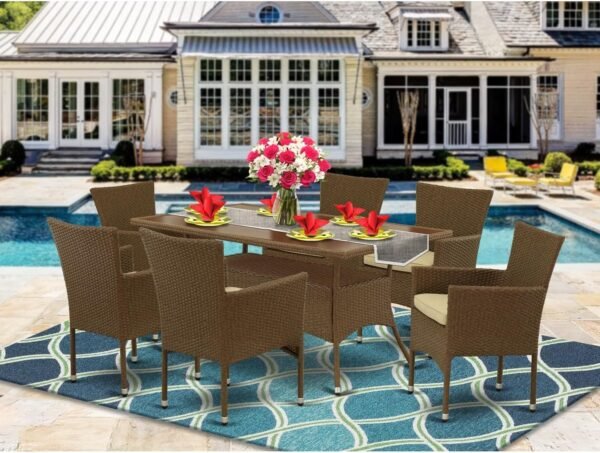Medieval Majesty 7Pc Outdoor-Furniture Brown Wicker Dining Set includes A Patio Table and 6 Balcony Backyard Armchair with Linen Fabric Cushion