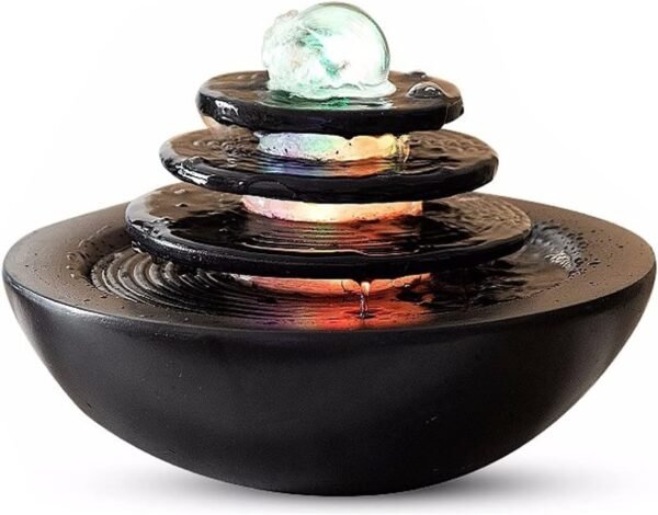 Meditation Decor, Indoor Tabletop Water Fountain Cascading Lucky Waterfall Home Decor Table Centerpiece Relaxation Fountain 3-Layer Disc and Circular Basin with LED Lights Rolling Ball 7.8 in (D)