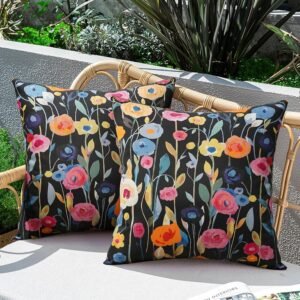 Merrycolor Outdoor Pillow Covers 18x18 Waterproof Throw Pillow Covers Colorful Floral Decorative Outdoor Pillows for Patio Furniture Pack of 2, Black