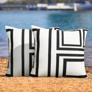 Merrycolor Set of 2 Outdoor Waterproof Throw Pillow Covers Geometry Decorative Square Pillowcases Black and White Outdoor Pillows for Patio Furniture Garden Tent Couch 18 X 18 Inch