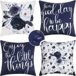 Merrycolor Set of 4 Outdoor/Indoor Pillow Covers 18x18 Waterproof Navy Blue and White Floral Decorative Pillow Covers Outdoor Pillows for Patio Furniture