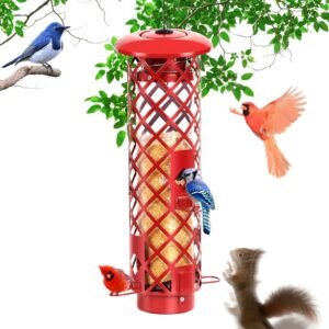 Metal Bird Feeder Squirrel Proof,Mesh Bird Feeders for Outdoor Hanging,Weight Activated Squirrel Proof Tube Wild Bird Feeders with 2LB Large Capacity for Cardinal, Finch, Blue Jay