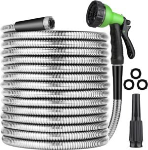 Metal Garden Hose 50ft, Stainless Steel Water Hose with 10 Function Sprayer Nozzle & Adjustable Nozzle, Rust Proof Kink Free & Tangle Free Flexible Water Pipe for Watering & Washing