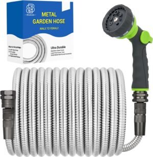 Metal Garden Hose - 75FT Heavy Duty Stainless Steel Water Hose with 8-Mode Spray Nozzle, 3/4" Fittings, Leak Proof, Puncture Resistant, No Kink, Lightweight Outdoor Hose for Yard, Farm, Car