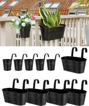 Metal Hanging Flower Pots for Railing Fence - 10 PCS Black Large Hanging Planter for Balcony, Small Metal Iron Buckets with Removable Hooks & Drainage Holes Outdoor Garden Home Decor (11 & 4 Inch)