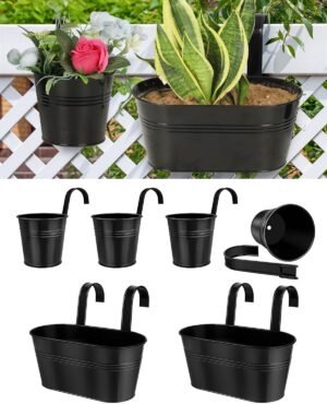 Metal Hanging Flower Pots for Railing Fence - 6 PCS Black Large Hanging Planter for Balcony, Small Metal Iron Buckets with Removable Hooks & Drainage Holes Outdoor Garden Home Decor (11 & 5 Inch)