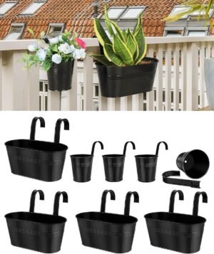 Metal Hanging Flower Pots for Railing fence - 8 PCS Black Large Hanging Planter for Balcony, Small Metal Iron Buckets with Removable Hooks & Drainage Holes Outdoor Garden Home Decor (11 & 4 Inch)