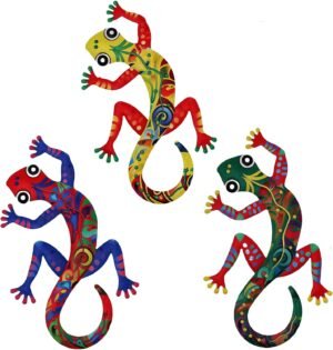 Metal House Lizard Wall Art Decor,4 Pack Metal Colorful 10'' House Lizard Outdoor Sculpture Iron Outdoor Hanging Decor Ornaments Metal for Front Yard Fence Patio Balcony Garden Decorations