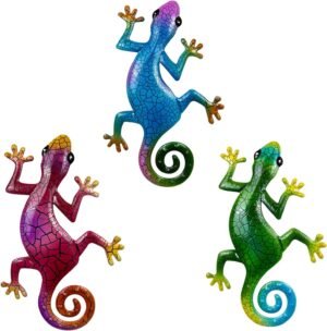 Metal Lizard Wall Decor 3 Pack Outdoor Fence Colorful Gecko Hanging Wall Art Decor, Sculpture Outside Garden Backyard Patio Home Balcony Decor, Lizard Lovers Gifts for Father