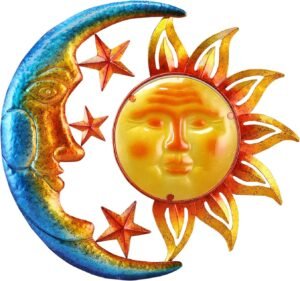 Metal Sun Outdoor Wall Art Decor Large 18 Inch with Moon & Stars, Hanging for Indoor Outdoor Patio Garden Fence Deck Yard Pool Wall Sculpture Decoration for Living Room Bedroom Colorful