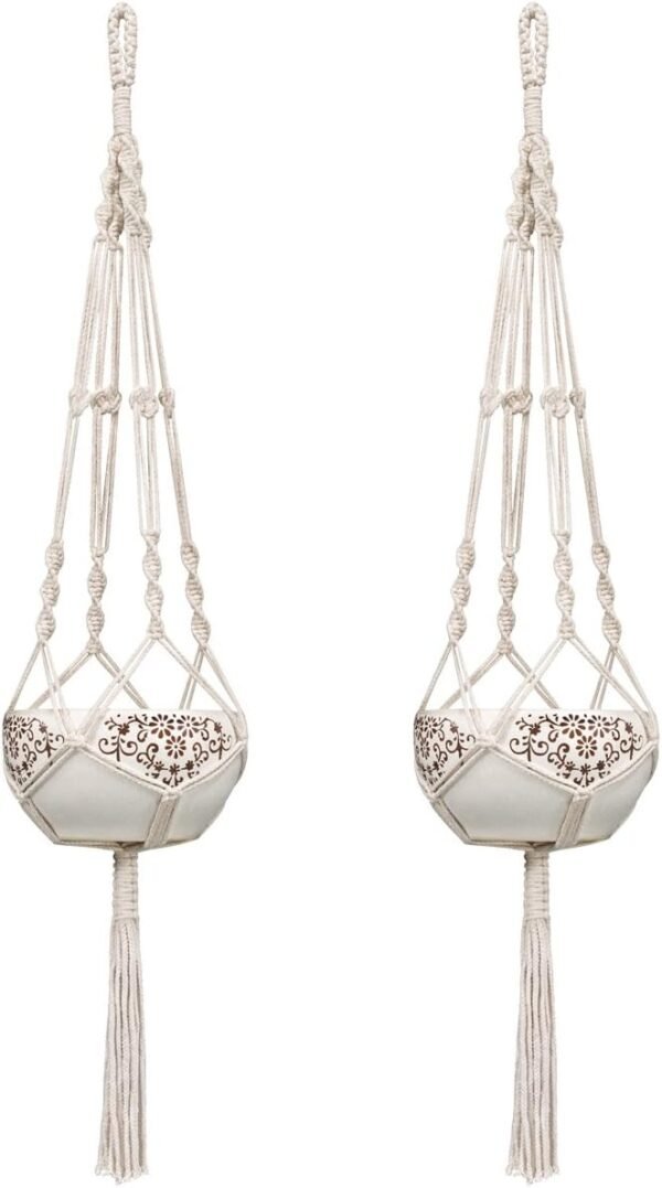 Mkono Macrame Plant Hangers Indoor Outdoor Hanging Planter Basket Cotton Rope 4 Legs 41 Inch, 2 Pack, Ivory