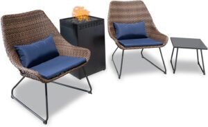 Mod Montauk Woven Chat Set in Navy Featuring a 40,000 BTU Column Outdoor Furniture, 4 Piece with Fire Pit