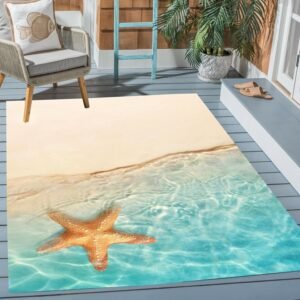 Modern Coastal Ocean Beach Aqua Beige Indoor Outdoor Area Rug for Patio Backyard Deck Balcony Waterproof Reversible Carpet Livingroom Bedroom Kitchen Bathroom Rug Mat 2'x3'