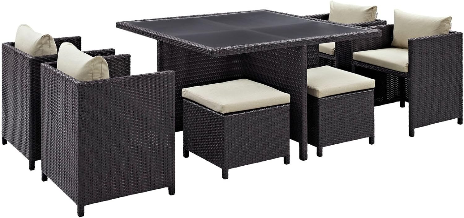 Modern Contemporary Urban Outdoor Patio Balcony Nine PCS Dining Chairs Modern Contemporary Urban Outdoor Patio Balcony Nine PCS Dining Chairs and Table Set, Beige, Rattan