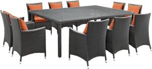 Modern Contemporary Urban Outdoor Patio Eleven PCS Dining Chairs and Table Set, Orange, Rattan