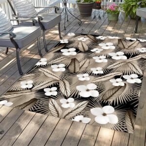 Modern Floral White Flowers Green Leaf Indoor Outdoor Area Rug for Patio Deck Porch Balcony Carpet Waterproof Anti Slip Washable Durable Livingroom Mat 2x3