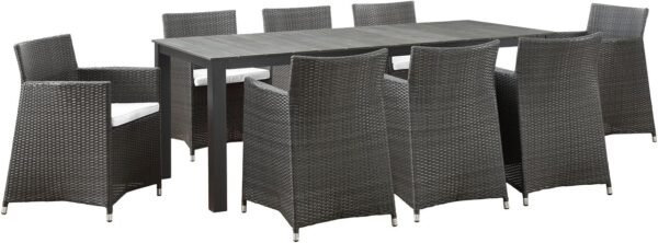 Modern Urban Contemporary 9 pcs Outdoor Patio Dining Set, Brown White Plastic