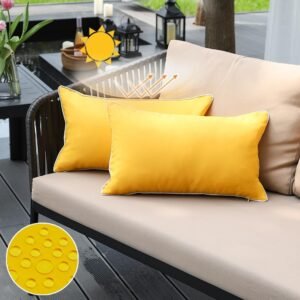 Mustard Yellow Waterproof Sun Fade Resistant Lumbar Pillow Covers 12x20 Set of 2, Bright Yellow Summer Outdoor Decorative Pillows 20 x 12 for Patio Furniture (with White Piping)