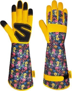 NANSHI Gardening Gloves for Women, Long Sleeve Leather Garden Gloves, Ladies Protective Work Gloves for Yard and Outdoor Work
