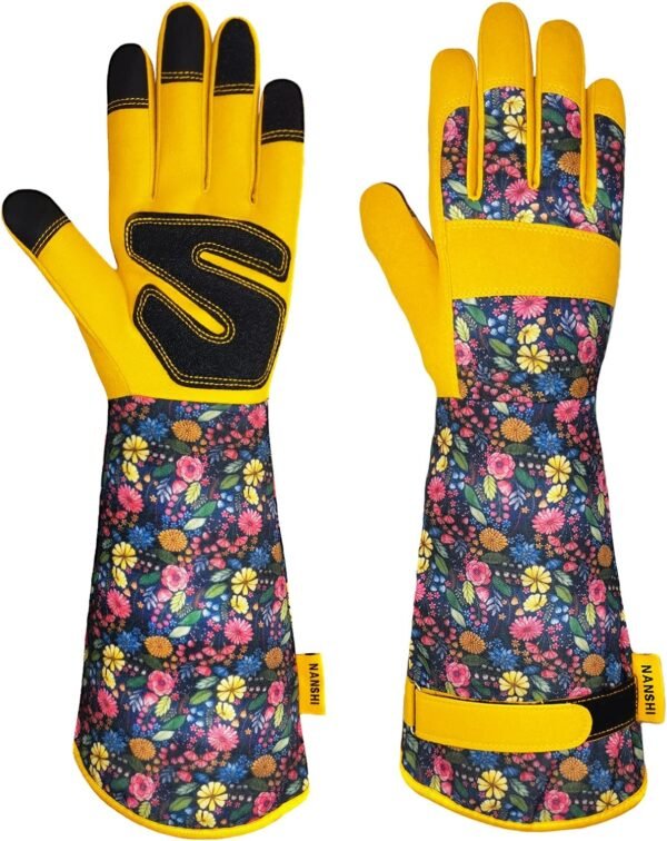 NANSHI Gardening Gloves for Women, Long Sleeve Leather Garden Gloves, Ladies Protective Work Gloves for Yard and Outdoor Work