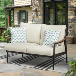 NATURAL EXPRESSIONS Outdoor Patio Loveseat, Patio Furniture Metal Outdoor Sofa with Wicker Backrest & 6 Inches Cushion for Front Porch,Balcony,Deck,Backyard,Sunroom