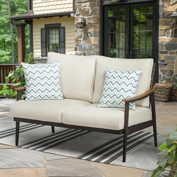 NATURAL EXPRESSIONS Outdoor Patio Loveseat, Patio Furniture Metal Outdoor Sofa with Wicker Backrest & 6 Inches Cushion for Front Porch,Balcony,Deck,Backyard,Sunroom