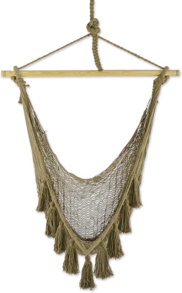 NOVICA Artisan Handmade Cotton Hammock Swing Tasseled Rope Mayan from Mexico Green Solid Tropical Decor 'Ocean Seat in Olive Green' (Single)