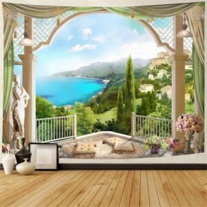 NTERC Nature Tapestry Balcony View Summer Lush Forest Mountain Landscape Wall Hanging 80x60in Tropical Island Ocean Blue Sky Sea Wall Blankets for Living Room Bedroom Decor GTDWRC142