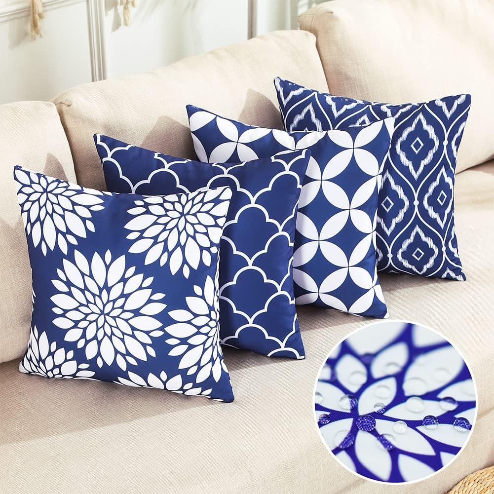 Navy Blue Outdoor Throw Pillows Waterproof 18x18 Patio Porch Pillow Navy Blue Outdoor Throw Pillows Waterproof 18x18 Patio Porch Pillow Covers 18 x 18 Set of 4 Outdoor Patio Decor Aesthetic for RV Garden and Patio Furniture (No Inserts)