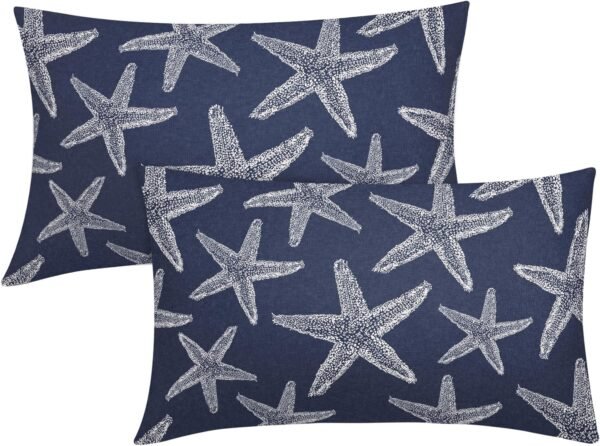 Navy Blue Starfish Ocean Lumbar Pillow Covers 12X20 Inch Summer Nautical Coastal Beach Decorative Pillow Cases Set of 2 Cotton Linen Throw Pillows Seasonal Home Decor For Sofa Couch Cushion Outdoor