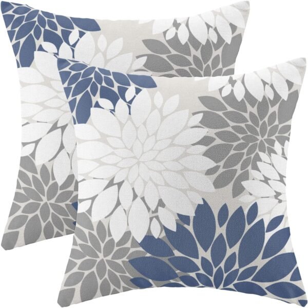 Navy Blue White Grey Pillow Covers 18x18 Inch Set of 2 Dahlia Floral Decor Throw Pillows Summer Modern Geometry Flower Outdoor Decorative Cushion Cases for Sofa Couch Bed Decorations