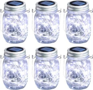 Nintiue Mason Jar Solar Lights, 6 Pack 30 LEDs Fairy Lights with Jars and Hangers, IPX6 Waterproof Hanging Solar Lights Outdoor, Decorative Solar Lanterns for Garden Fence Patio Wedding