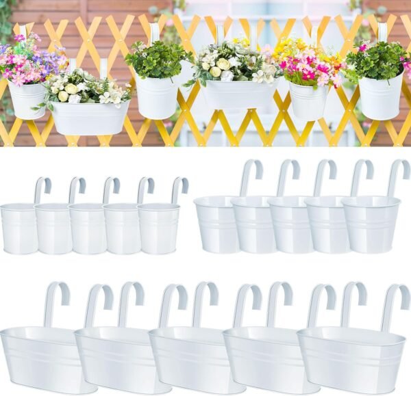Nuanchu 15 Pcs Hanging Flower Pots White Oval Balcony Planters Round Railing Planter Flower Plant Holder Rustic Hanging Bucket Pots with Detachable Hooks for Window Wall Fence Decor