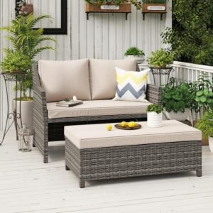 OC Orange-Casual 2-Piece Outdoor Patio Furniture Wicker Love-seat and Coffee Table Set, with Built-in Storage Bin, Grey Rattan, Beige Cushions