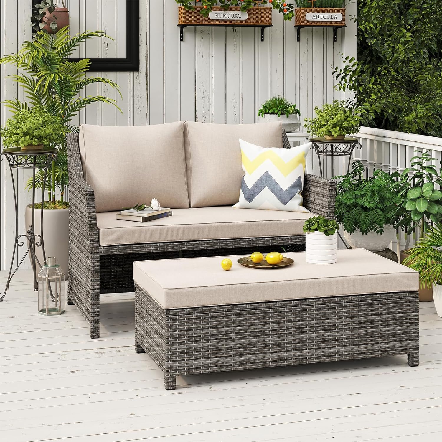 OC Orange-Casual 2-Piece Outdoor Patio Furniture Wicker Love-seat and Coffee OC Orange-Casual 2-Piece Outdoor Patio Furniture Wicker Love-seat and Coffee Table Set, with Built-in Storage Bin, Grey Rattan, Beige Cushions