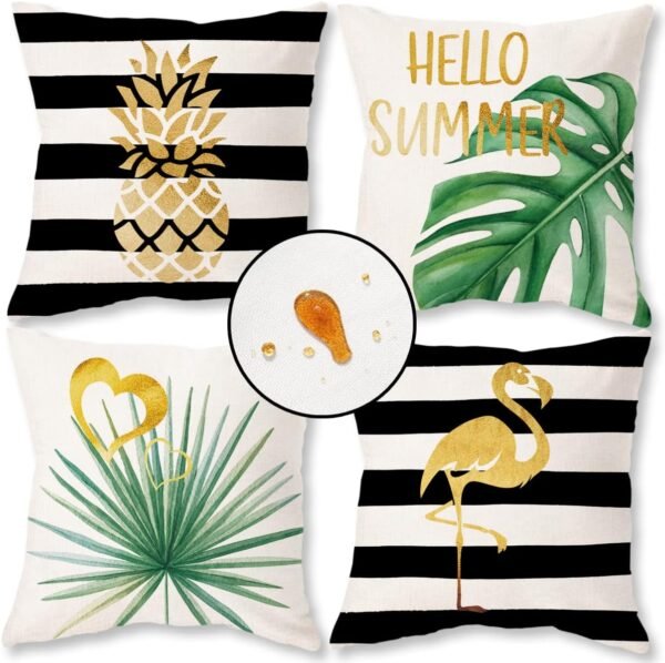 ONWAY Hello Summer Pillow Covers Waterproof 16x16 Set of 4 for Summer Decorations Black Stripe Gold Cushion Cases Tropical Pineapple Flamingo Throw Pillows for Couch Patio Furniture