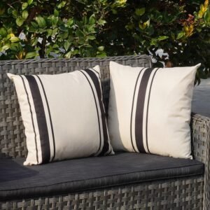 ONWAY Outdoor Pillow Covers Waterproof 20x20 Set of 2 Decorative Linen Throw Pillow Cover Beige and Black Striped Outdoor Pillows for Patio Furniture