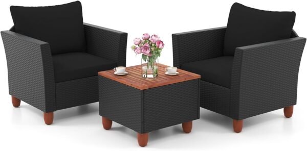 ORALNER 3 Pieces Patio Furniture Set, Outdoor Wicker Conversation Chairs with Cushion, Acacia Coffee Table, Rattan Bistro Set for Balcony Garden Backyard Front Porch Poolside (Black)