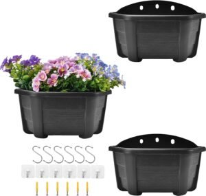 ORIMERC 3 Pcs 9.8" Wall Hanging Planter Flower Pot for Railing Fence Balcony Indoor Outdoor Décor Plastic Kitchen Herb Plant Basket Vertical Garden Living Wall Mount-Half Round-Flat Backed-Dark Coffee