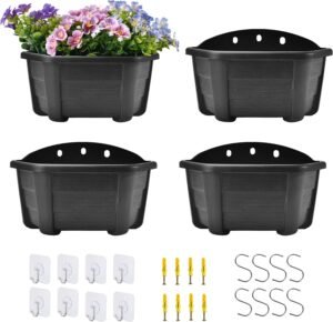 ORIMERC 4 Pcs 9.8" Wall Hanging Planter Flower Pot for Railing Fence Balcony Indoor Outdoor Décor Plastic Kitchen Herb Plant Basket Vertical Garden Living Wall Mount-Half Round-Flat Backed-Dark Coffee