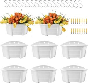 ORIMERC 8 Pcs 9.8" Wall Hanging Planter Flower Pot for Railing Fence Balcony Porch Décor Indoor Outdoor Plastic Kitchen Herb Plant Basket Vertical Garden Living Wall Mount-Half Round-Flat Backed-White